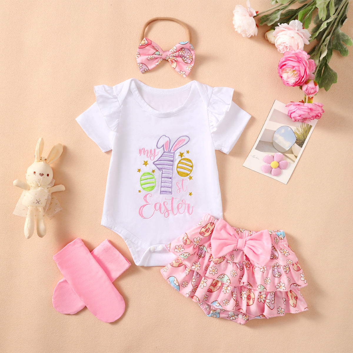 4 Pieces Set Baby Girls Easter Animals Print Shorts Letters Rompers Headwear And Socks Wholesale 25022770