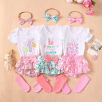 Load image into Gallery viewer, 4 Pieces Set Baby Girls Easter Animals Print Shorts Letters Rompers Headwear And Socks Wholesale 25022770
