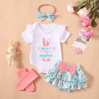 Load image into Gallery viewer, 4 Pieces Set Baby Girls Easter Animals Print Shorts Letters Rompers Headwear And Socks Wholesale 25022770
