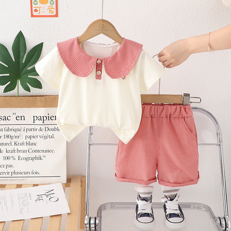 2 Pieces Set Baby Kid Girls Color-blocking Tops And Checked Shorts Wholesale 25040336