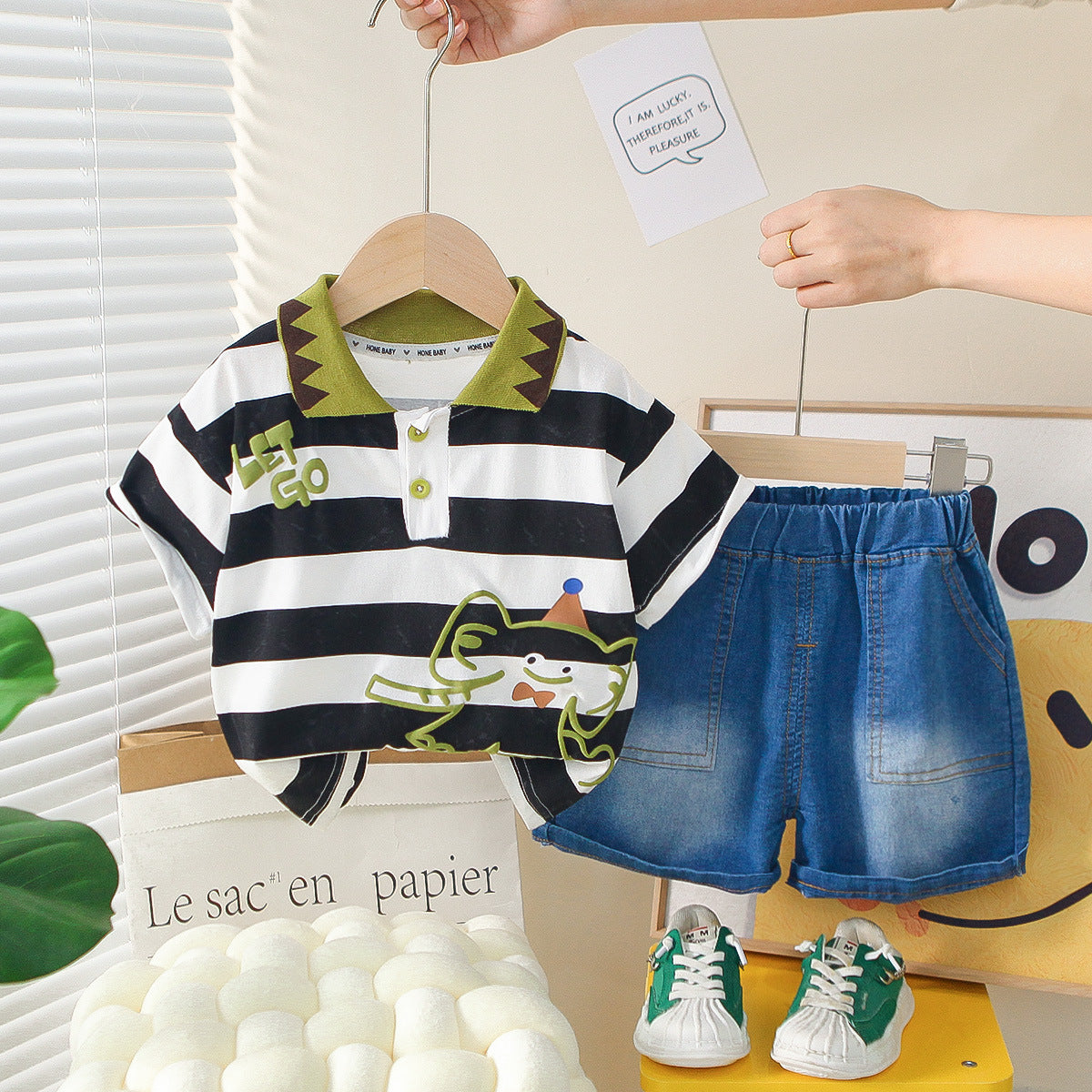 2 Pieces Set Baby Kid Boys Striped Letters Tops And Solid Color Shorts Wholesale 25040341