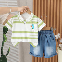 Load image into Gallery viewer, 2 Pieces Set Baby Kid Boys Striped Dinosaur Tops And Solid Color Shorts Wholesale 25040344
