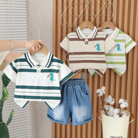 Load image into Gallery viewer, 2 Pieces Set Baby Kid Boys Striped Dinosaur Tops And Solid Color Shorts Wholesale 25040344
