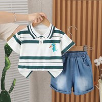 Load image into Gallery viewer, 2 Pieces Set Baby Kid Boys Striped Dinosaur Tops And Solid Color Shorts Wholesale 25040344
