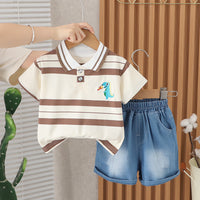 Load image into Gallery viewer, 2 Pieces Set Baby Kid Boys Striped Dinosaur Tops And Solid Color Shorts Wholesale 25040344

