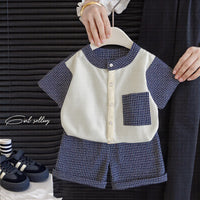 Load image into Gallery viewer, 2 Pieces Set Baby Kid Boys Color-blocking Checked Shirts And Solid Color Shorts Wholesale 25040346
