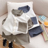 Load image into Gallery viewer, 2 Pieces Set Baby Kid Boys Color-blocking Checked Shirts And Solid Color Shorts Wholesale 25040346
