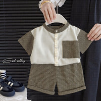 Load image into Gallery viewer, 2 Pieces Set Baby Kid Boys Color-blocking Checked Shirts And Solid Color Shorts Wholesale 25040346
