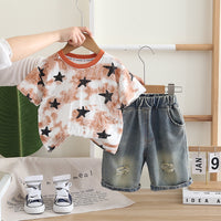 Load image into Gallery viewer, 2 Pieces Set Baby Kid Boys Color-blocking Star Tops And Solid Color Shorts Wholesale 25040352
