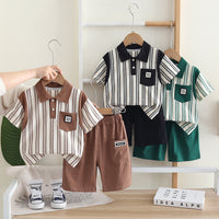 Load image into Gallery viewer, 2 Pieces Set Baby Kid Boys Striped Tops And Solid Color Shorts Wholesale 25040356
