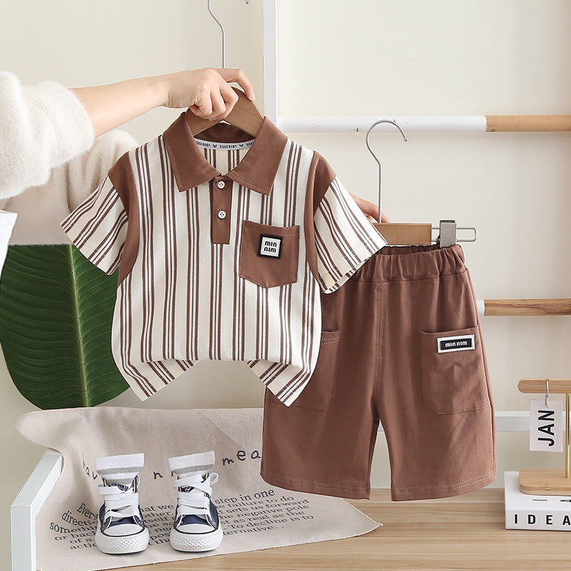 2 Pieces Set Baby Kid Boys Striped Tops And Solid Color Shorts Wholesale 25040356