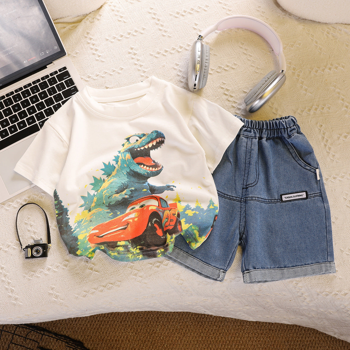 2 Pieces Set Baby Kid Boys Dinosaur Tops And Solid Color Shorts Wholesale 25040364