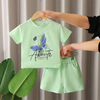Load image into Gallery viewer, 2 Pieces Set Baby Kid Girls Letters Butterfly Print T-Shirts And Solid Color Shorts Wholesale 25040379
