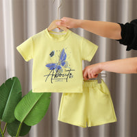 Load image into Gallery viewer, 2 Pieces Set Baby Kid Girls Letters Butterfly Print T-Shirts And Solid Color Shorts Wholesale 25040379
