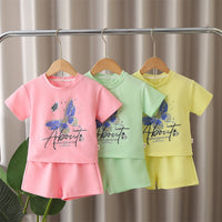 Load image into Gallery viewer, 2 Pieces Set Baby Kid Girls Letters Butterfly Print T-Shirts And Solid Color Shorts Wholesale 25040379
