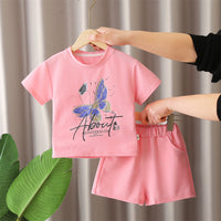 Load image into Gallery viewer, 2 Pieces Set Baby Kid Girls Letters Butterfly Print T-Shirts And Solid Color Shorts Wholesale 25040379

