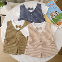 Load image into Gallery viewer, 2 Pieces Set Baby Kid Boys Solid Color Striped Tops And Shorts Wholesale 25040380
