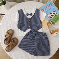 Load image into Gallery viewer, 2 Pieces Set Baby Kid Boys Solid Color Striped Tops And Shorts Wholesale 25040380
