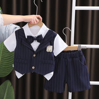Load image into Gallery viewer, 2 Pieces Set Baby Kid Boys Solid Color Striped Tops And Shorts Wholesale 25040381
