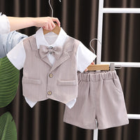 Load image into Gallery viewer, 2 Pieces Set Baby Kid Boys Solid Color Striped Tops And Shorts Wholesale 25040381
