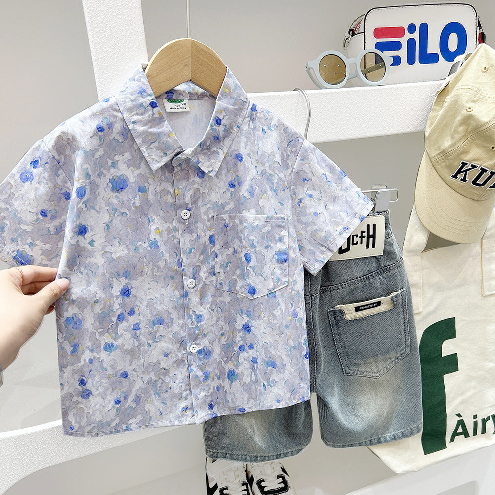 Baby Kid Boys Striped Plant Print Beach Shirts Wholesale 25040392