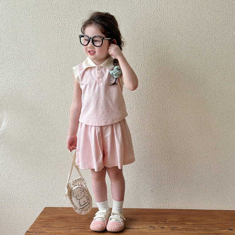 2 Pieces Set Baby Kid Girls Cartoon Tank Tops And Solid Color Shorts Wholesale 25050829