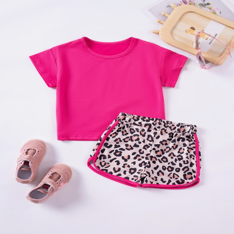 2 Pieces Set Baby Kid Girls Solid Color T-Shirts And Leopard Shorts Wholesale 25060408