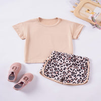 Load image into Gallery viewer, 2 Pieces Set Baby Kid Girls Solid Color T-Shirts And Leopard Shorts Wholesale 25060408
