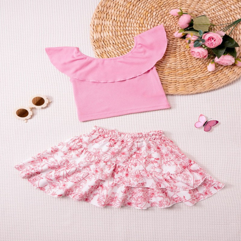 2 Pieces Set Baby Kid Girls Solid Color Print Tank Tops And Flower Skirts Wholesale 25060409