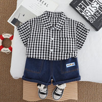 Load image into Gallery viewer, 2 Pieces Set Baby Kid Boys Checked Shirts And Solid Color Shorts Wholesale 250604111
