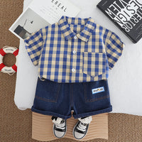 Load image into Gallery viewer, 2 Pieces Set Baby Kid Boys Checked Shirts And Solid Color Shorts Wholesale 250604111

