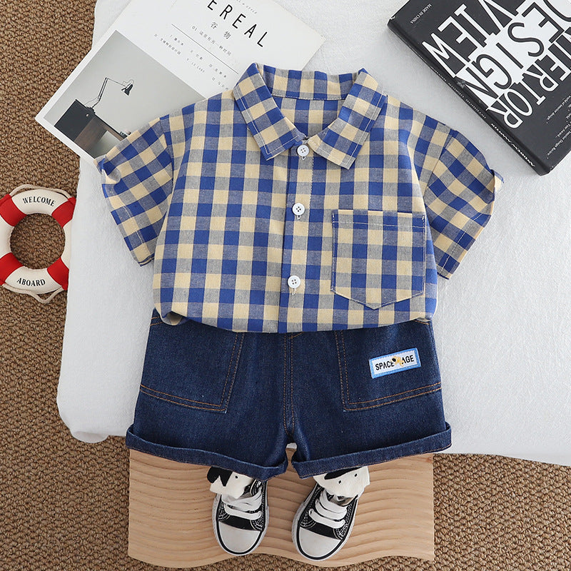 2 Pieces Set Baby Kid Boys Checked Shirts And Solid Color Shorts Wholesale 250604111