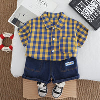 Load image into Gallery viewer, 2 Pieces Set Baby Kid Boys Checked Shirts And Solid Color Shorts Wholesale 250604111
