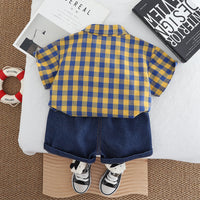 Load image into Gallery viewer, 2 Pieces Set Baby Kid Boys Checked Shirts And Solid Color Shorts Wholesale 250604111
