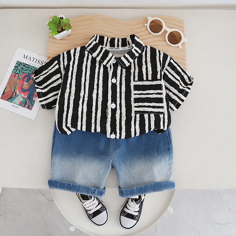 2 Pieces Set Baby Kid Boys Striped Tops And Solid Color Shorts Wholesale 250604113