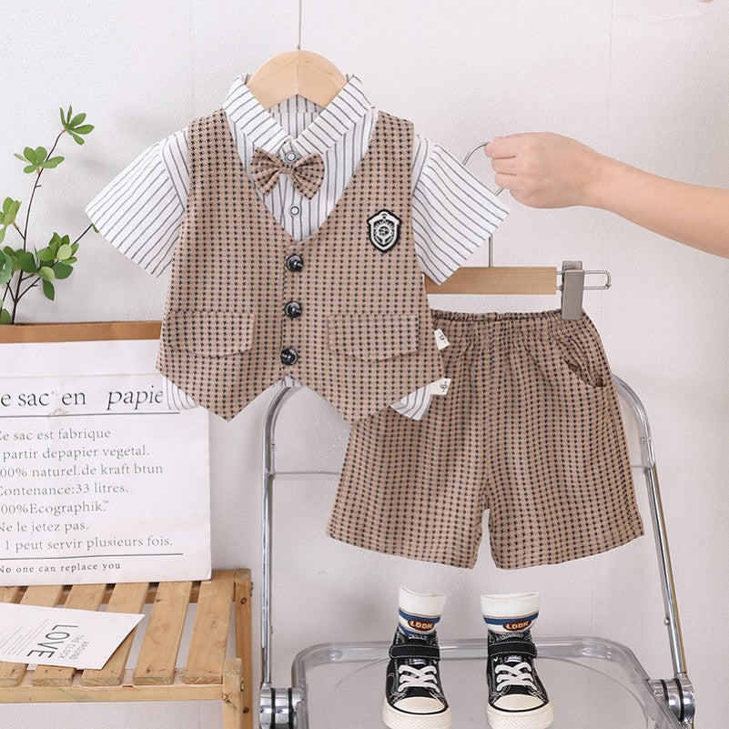 3 Pieces Set Baby Kid Boys Striped Shirts Checked Vests Waistcoats And Shorts Wholesale 250604119