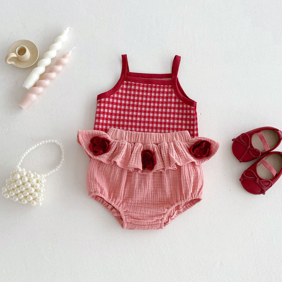 2 Pieces Set Baby Kid Girls Checked Tank Tops Solid Color And Flower Shorts Wholesale 25060443