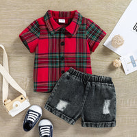 Load image into Gallery viewer, 2 Pieces Set Baby Kid Boys Color-blocking Checked Tops And Solid Color Shorts Wholesale 250708107
