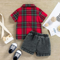 Load image into Gallery viewer, 2 Pieces Set Baby Kid Boys Color-blocking Checked Tops And Solid Color Shorts Wholesale 250708107
