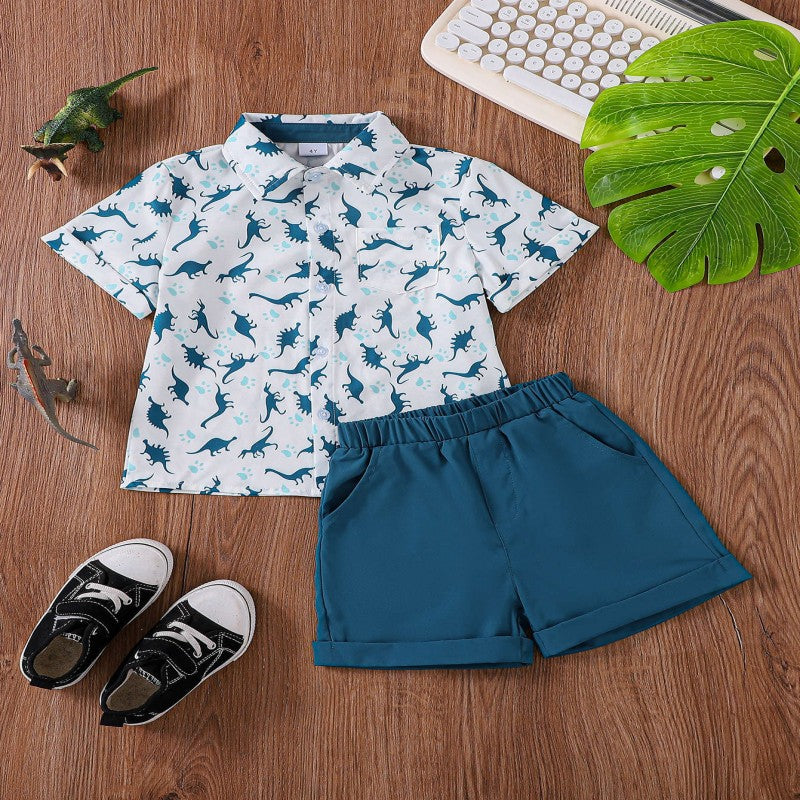 2 Pieces Set Kid Boys Dinosaur Print Shirts And Solid Color Shorts Wholesale 250708119
