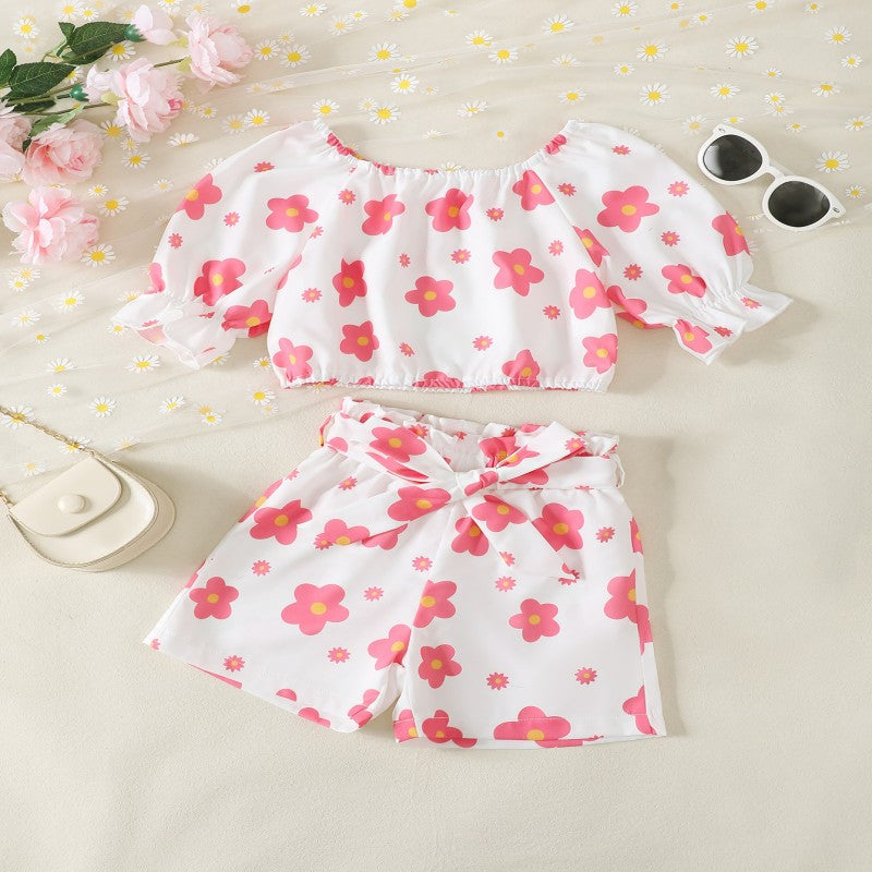 2 Pieces Set Kid Girls Flower Print Tops And Shorts Wholesale 25070812