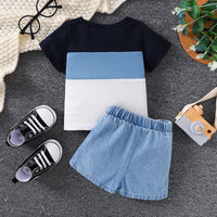 Load image into Gallery viewer, 2 Pieces Set Baby Kid Boys Color Block Waffle Knit Top And Ripped Denim Shorts Wholesale 250708124
