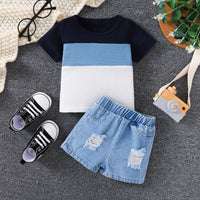 Load image into Gallery viewer, 2 Pieces Set Baby Kid Boys Color Block Waffle Knit Top And Ripped Denim Shorts Wholesale 250708124
