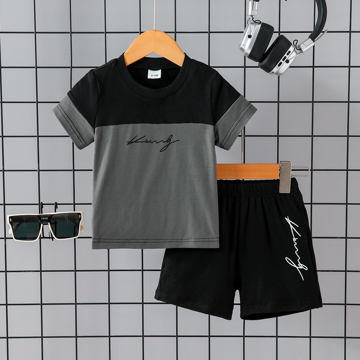 2 Pieces Set Baby Kid Boys Letters Color-blocking T-Shirts And Solid Color Shorts Wholesale 250708134