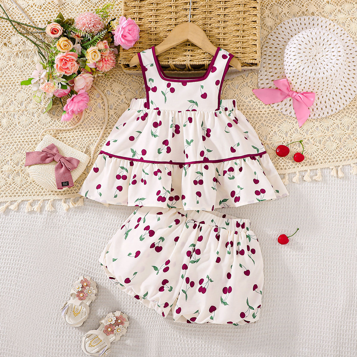 2 Pieces Set Baby Kid Girls Fruit Print Tank Tops And Shorts Wholesale 250708136