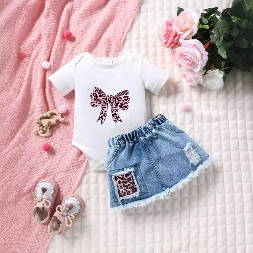 2 Pieces Set Baby Girls Bow Rompers And Leopard Shorts Wholesale 250708137