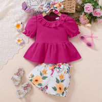 Load image into Gallery viewer, 2 Pieces Set Baby Kid Girls Solid Color Print Tops And Flower Shorts Wholesale 25070834
