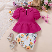 Load image into Gallery viewer, 2 Pieces Set Baby Kid Girls Solid Color Print Tops And Flower Shorts Wholesale 25070834
