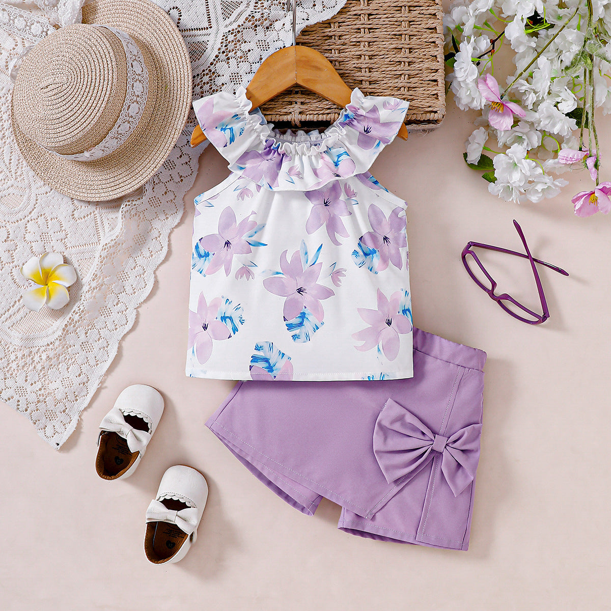 2 Pieces Set Kid Girls Flower Print Tank Tops And Solid Color Shorts Wholesale 25070843
