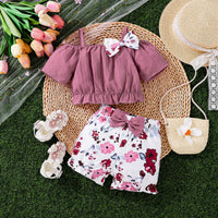 Load image into Gallery viewer, 2 Pieces Set Baby Kid Girls Solid Color Bow Tank Tops And Flower Shorts Wholesale 25070852
